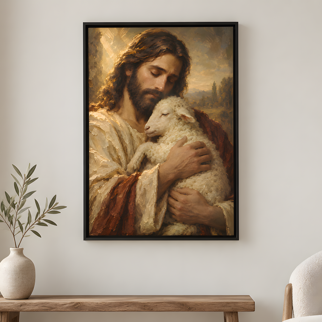 Jesus Holding Lamb - Framed Canvas