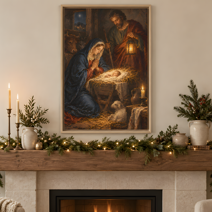 A framed Christmas nativity painting hangs on a beige wall above a stone fireplace mantel decorated with green garlands, candles, and potted plants. The painting depicts Mary, Joseph, the baby Jesus in a manger, and a sheep.