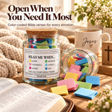 Bible verses jar beside an open Bible and a coffee mug