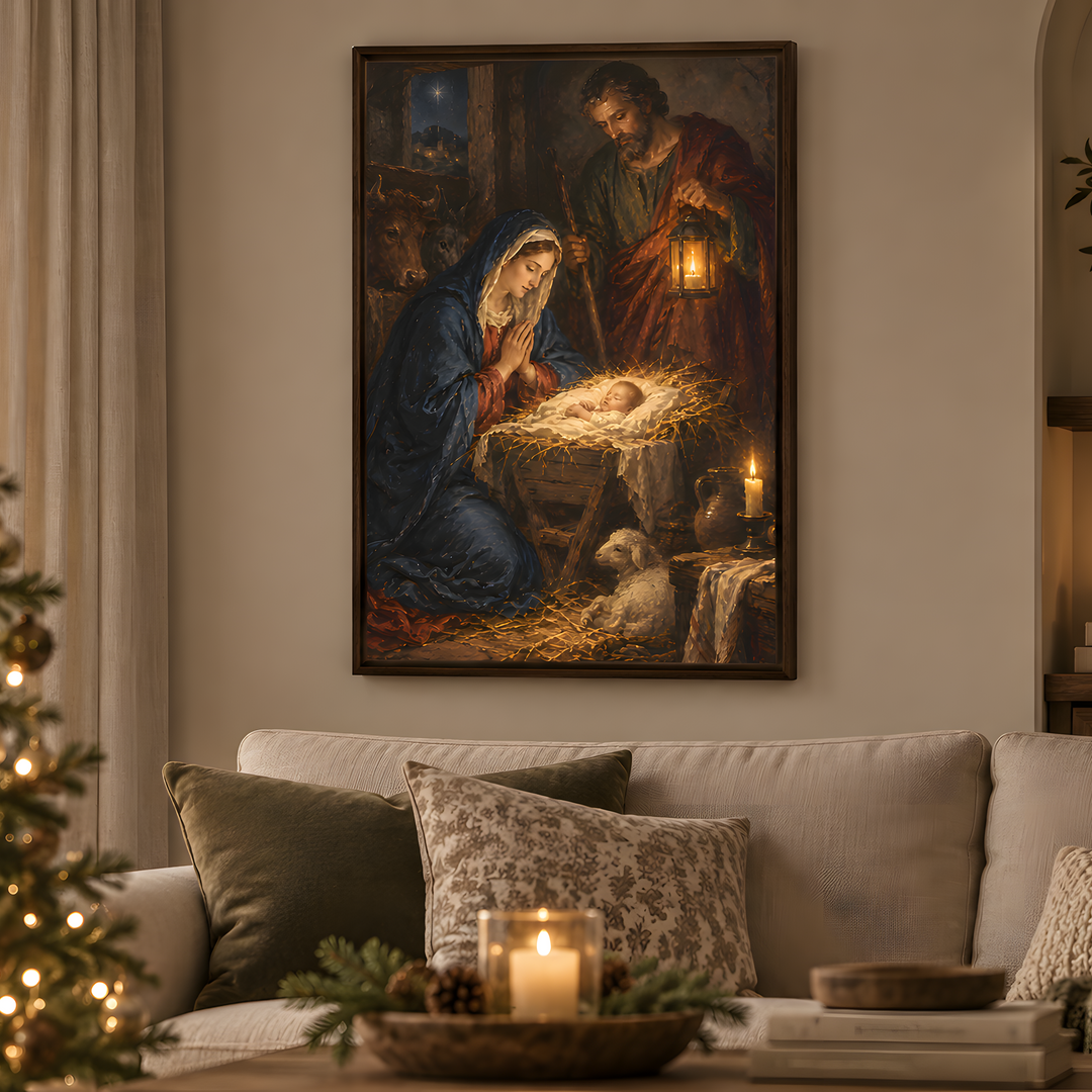 A framed religious art print depicting the Holy Family in a rustic stable, with Mary kneeling beside a baby in a manger, Joseph holding a lantern, and a small dog at the bottom right. The artwork is housed in a dark brown wooden frame and is displayed against a clean, off-white background.