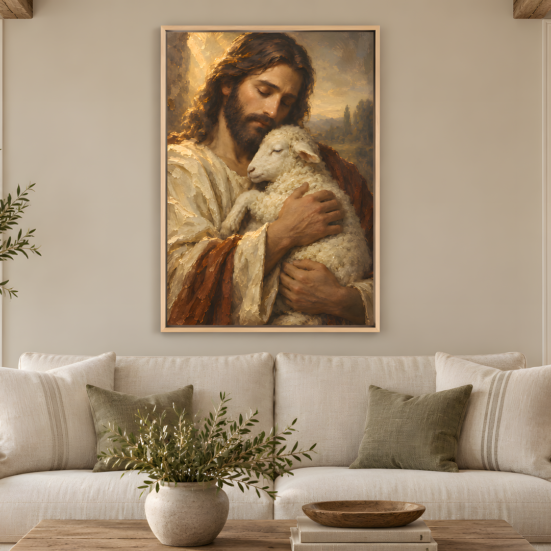 Jesus Holding Lamb - Framed Canvas