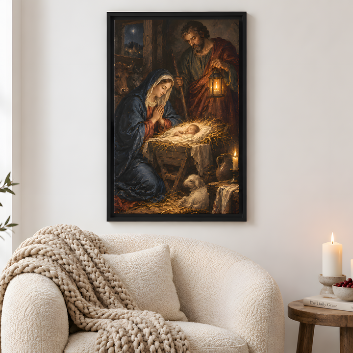 A framed religious art print depicting the Holy Family (Mary, Joseph, and baby Jesus in a stable) hanging on a white wall in a cozy living room setting with a cream bouclé armchair, a knit throw blanket, and a wooden side table with lit candles.