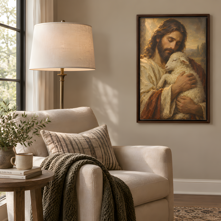 Jesus Holding Lamb - Framed Canvas