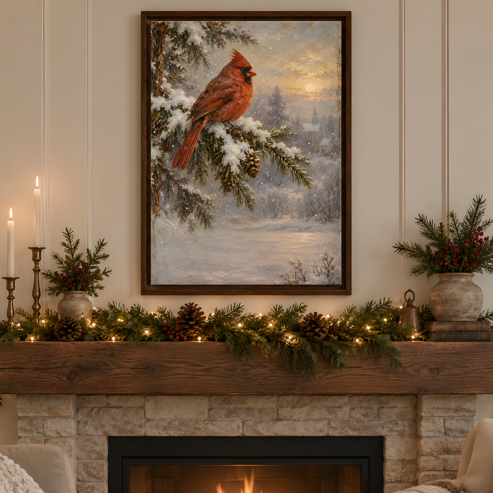 A framed winter landscape painting of a red cardinal perched on a snow-covered pine branch, displayed above a fireplace mantel decorated with green garlands, pinecones, and candles in a cozy living room setting.