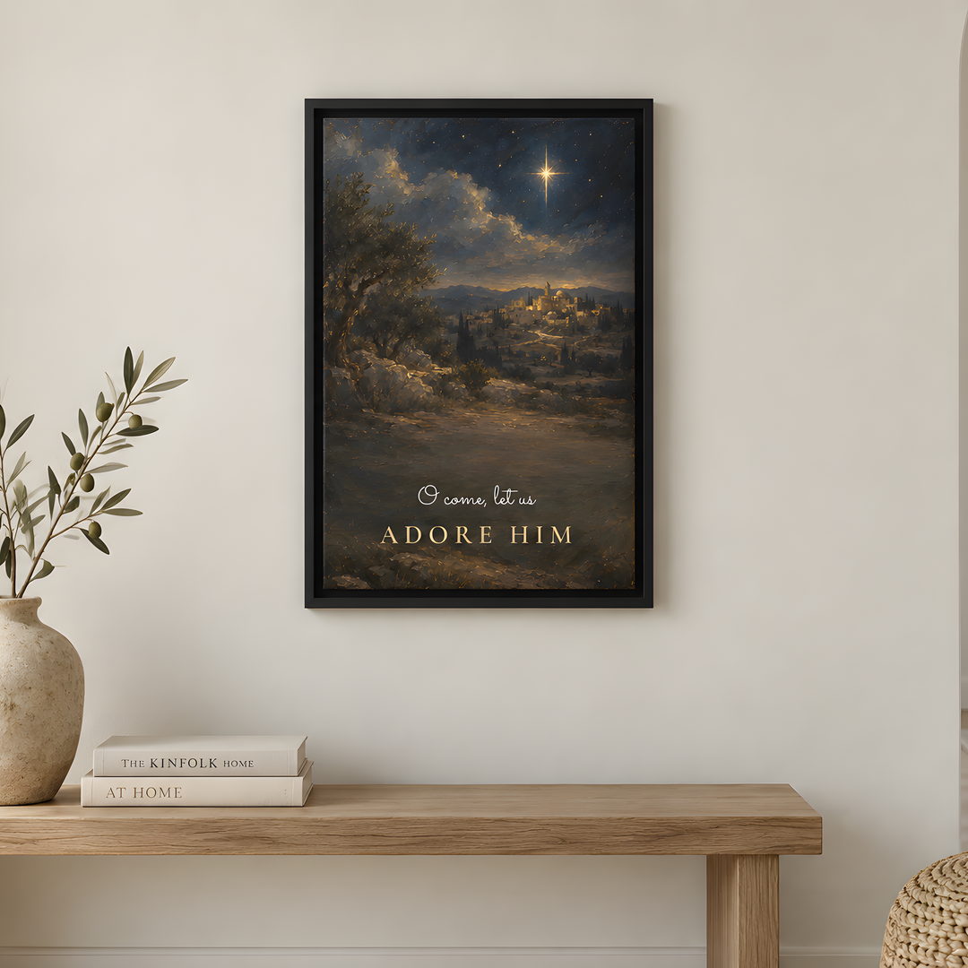 O Come Let Us Adore Him - Framed Canvas