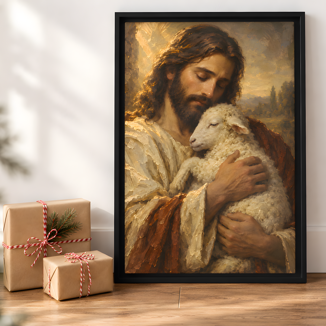 Jesus Holding Lamb - Framed Canvas