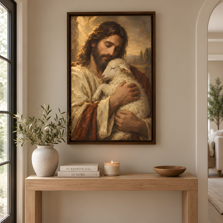 Jesus Holding Lamb - Framed Canvas