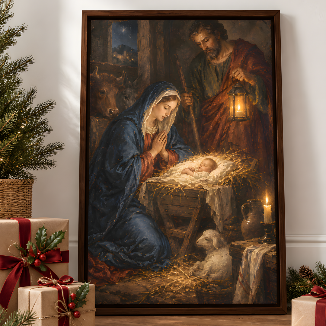 A large framed Christmas nativity painting leaning against a white wall in a decorated room, with wrapped gifts, pine branches, and a small tree nearby. The painting shows Mary in blue, Joseph in red-brown, and baby Jesus in a manger with a sheep.