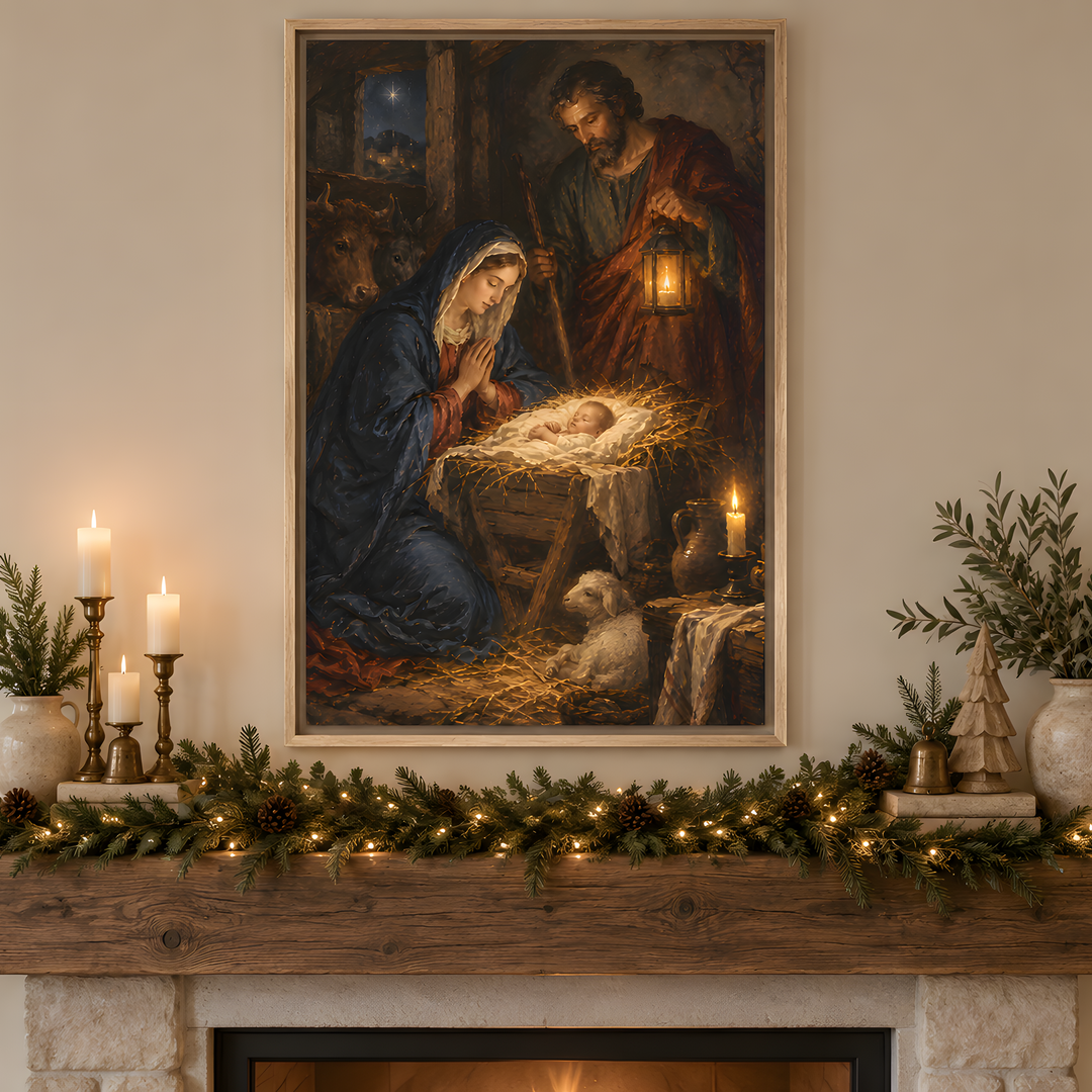 A large framed Christmas painting of the Holy Family hangs on a beige wall above a rustic wooden fireplace mantel decorated with green garlands, lit candles, pinecones, and holiday greenery.