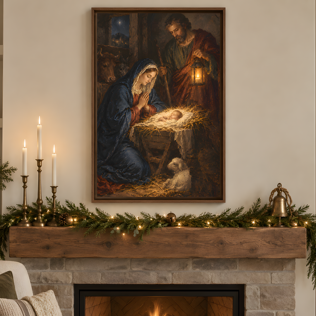 A framed Christmas nativity painting hangs on a wall above a fireplace mantel decorated with green garland, candles, pinecones, and a bell. The scene includes a Christmas tree and part of a living room interior.
