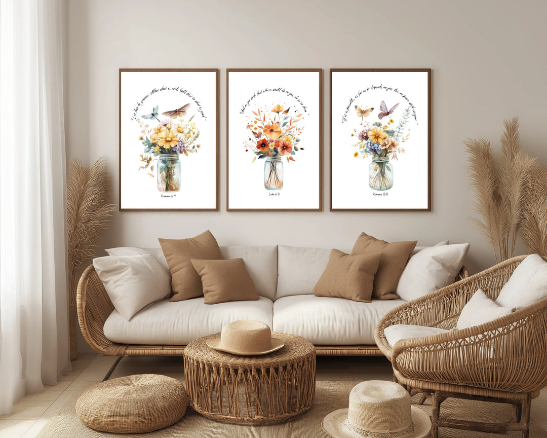 Celebrate the beauty of creation and faith with this stunning “Birthflowers Scripture Wall Art Set.” Featuring delicate mason jars filled with symbolic birthflowers, paired with meaningful Bible verses, this set brings inspiration and charm to any home.

A Blend of Faith and Nature
Each piece beautifully combines the significance of birthflowers with uplifting scripture:

Romans 12:9: “Let love be genuine. Abhor what is evil; hold fast to what is good.”
Luke 6:31: “Do to others as you would have them do to 