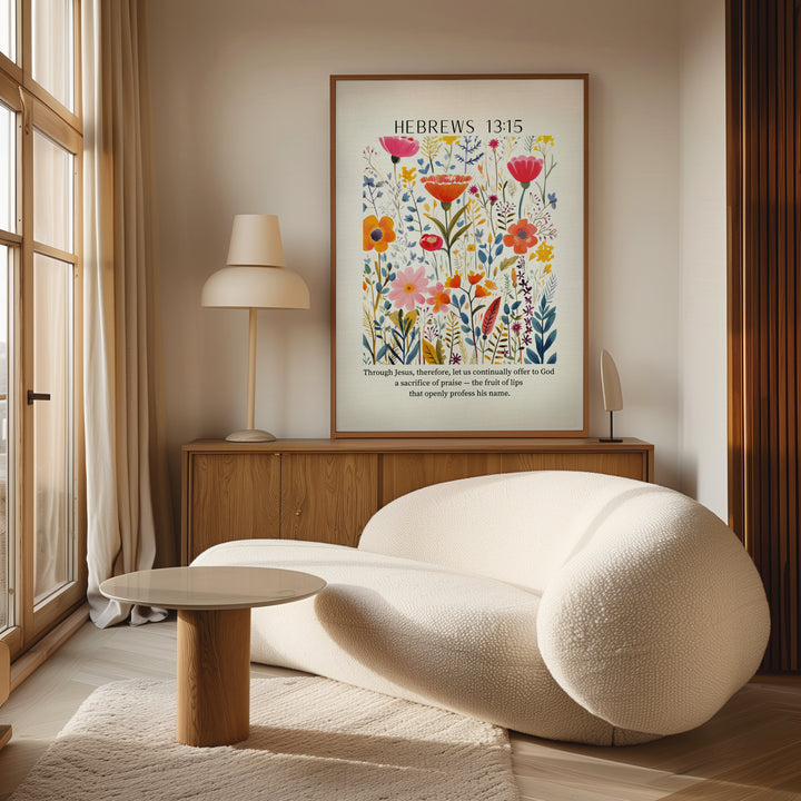 Hebrews 13:15 — Floral Bible Verse Canvas | Framed Wall Art