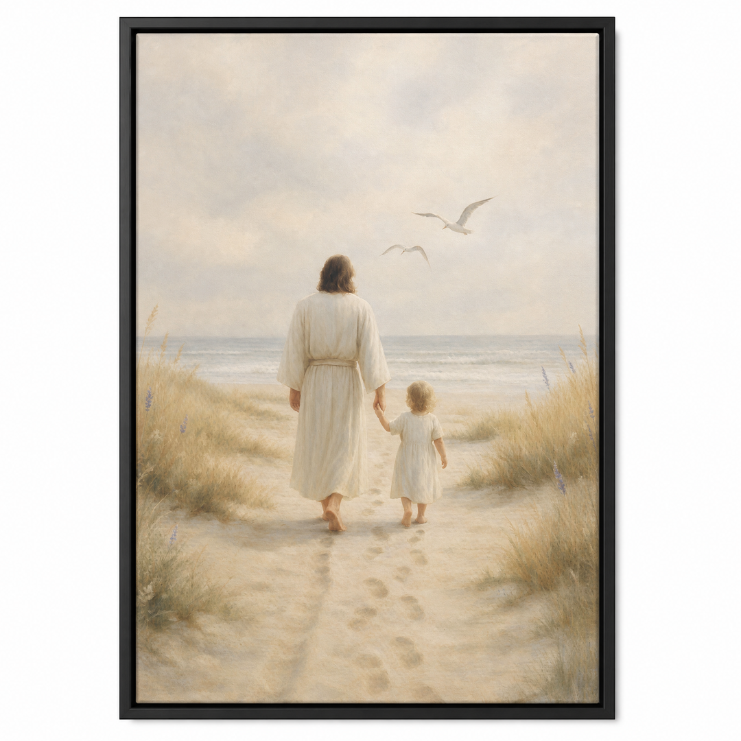 Jesus and Child framed canvas print in matte black floater frame, front view on white background
