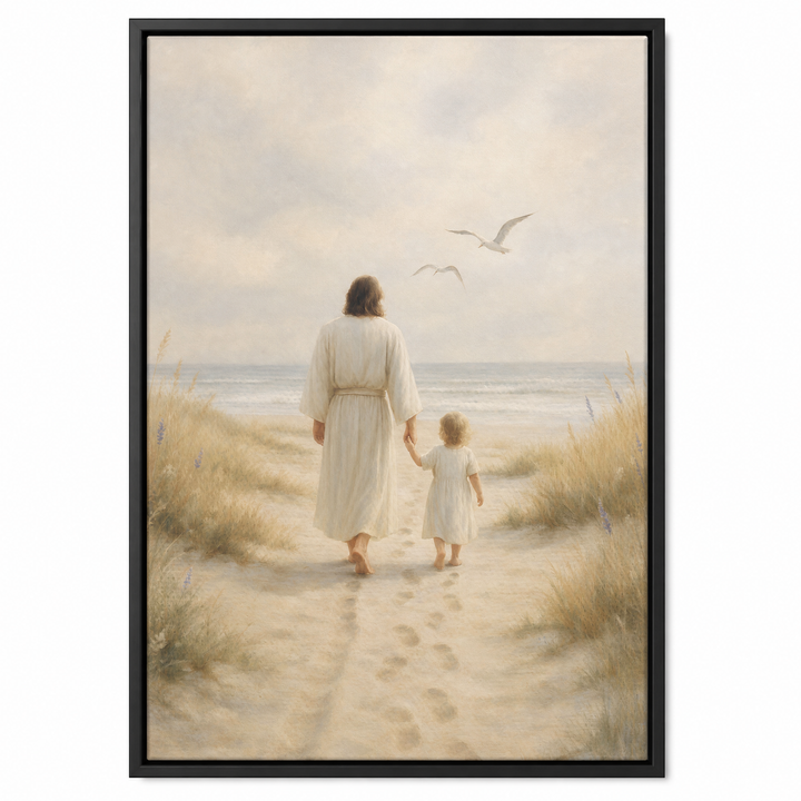 Jesus and Child framed canvas print in matte black floater frame, front view on white background
