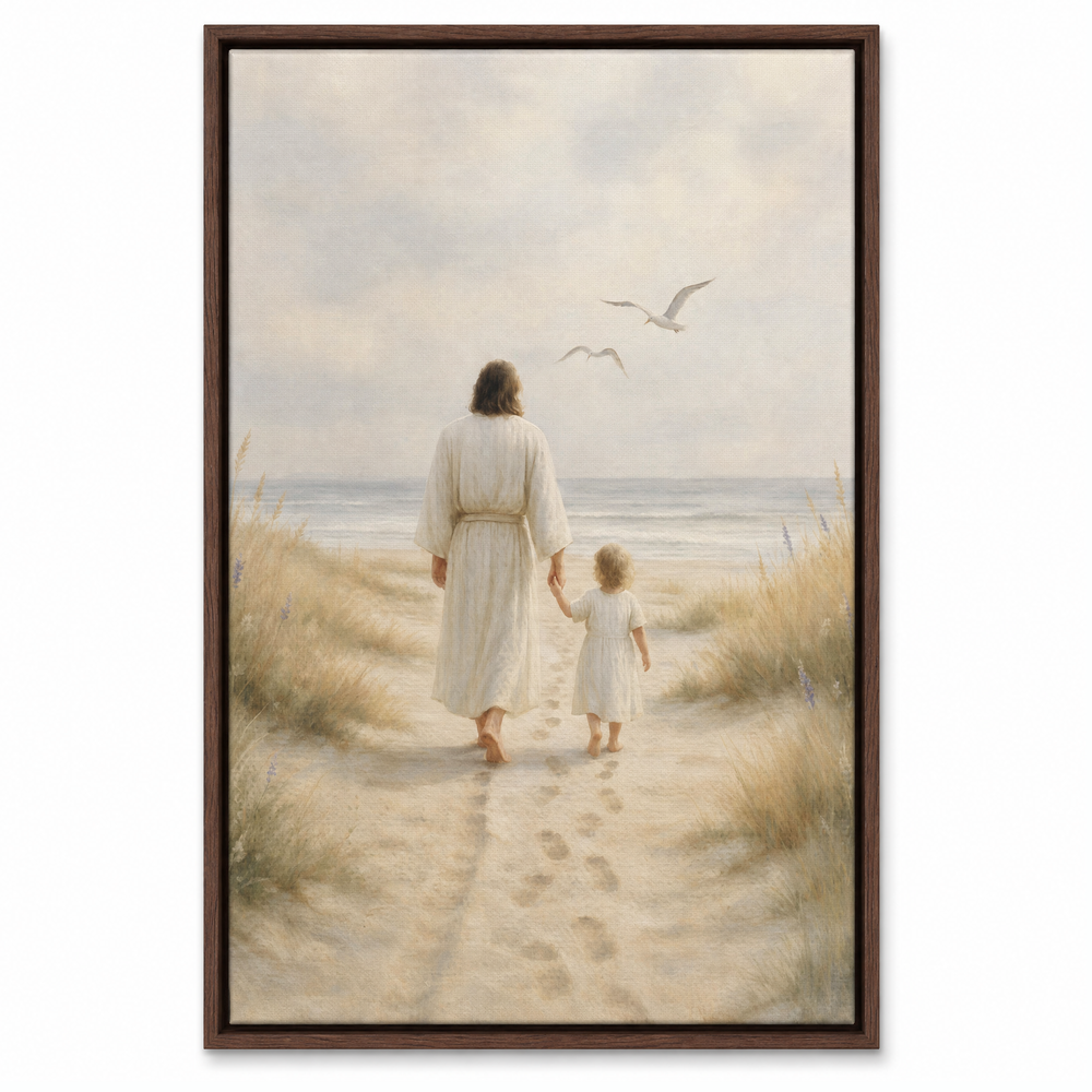 Jesus and Child framed canvas print in dark walnut wood floater frame, front view on white background