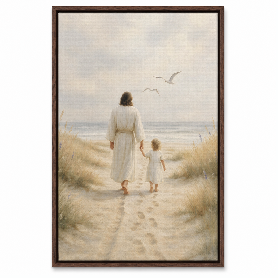 Jesus and Child framed canvas print in dark walnut wood floater frame, front view on white background