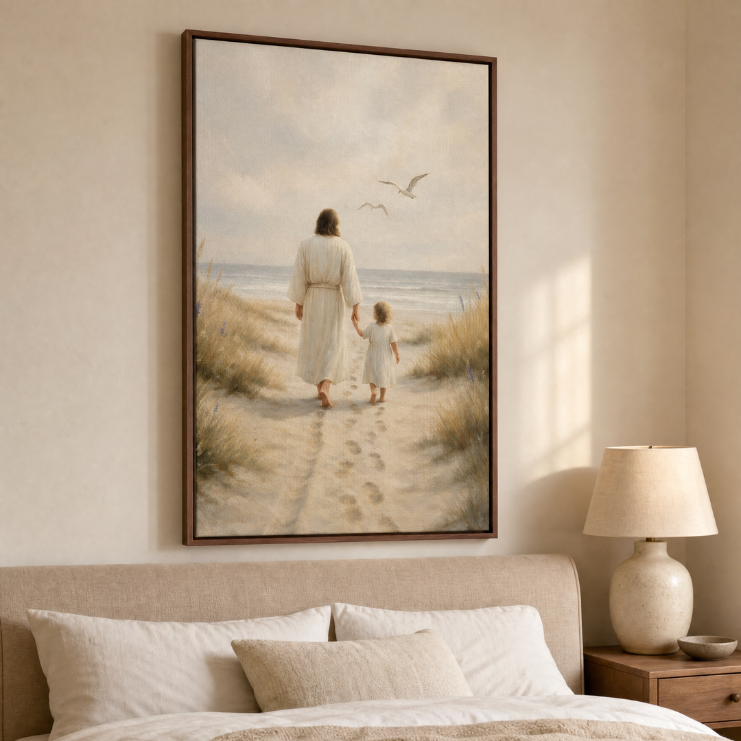 Jesus and Child framed canvas wall art hung above the bed in a serene neutral bedroom