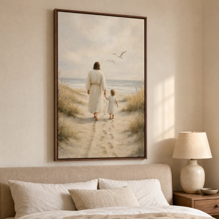 Jesus and Child framed canvas wall art hung above the bed in a serene neutral bedroom