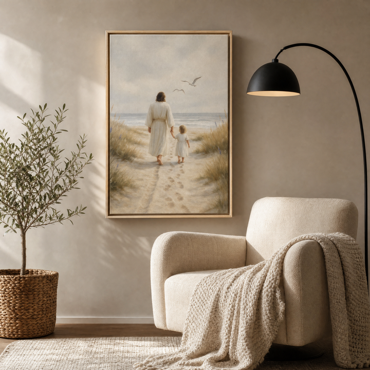 Jesus and Child framed canvas wall art in a cozy reading corner with a cream armchair and olive tree