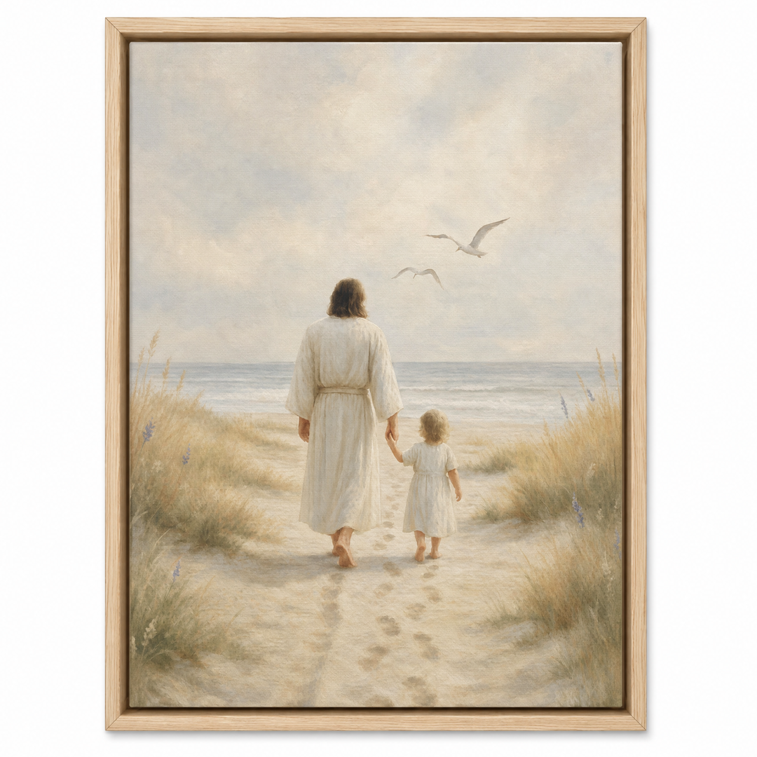 Jesus and Child framed canvas print in natural oak wood floater frame, front view on white background