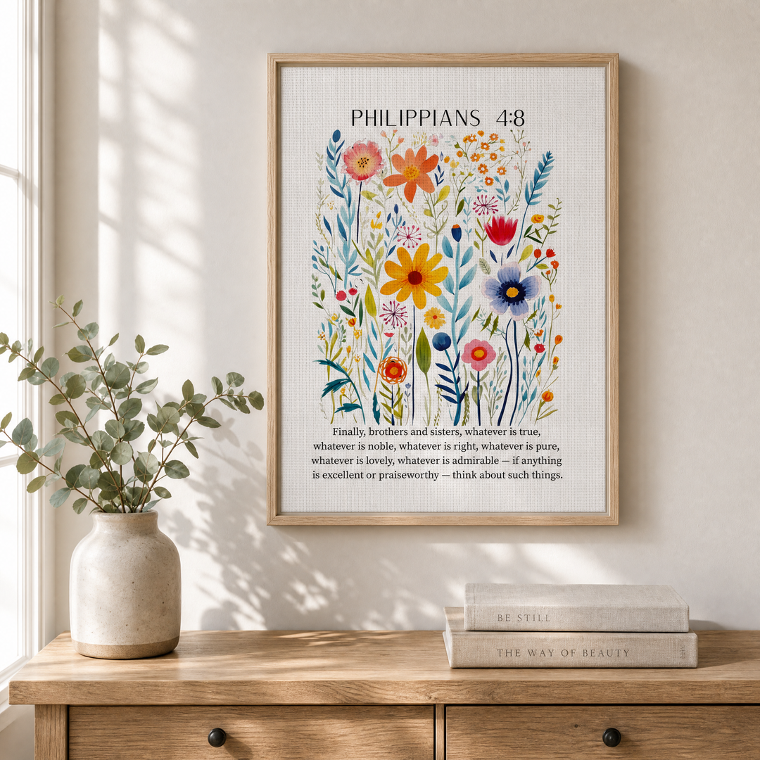 Philippians 4:8 — Floral Bible Verse Canvas | Framed Wall Art