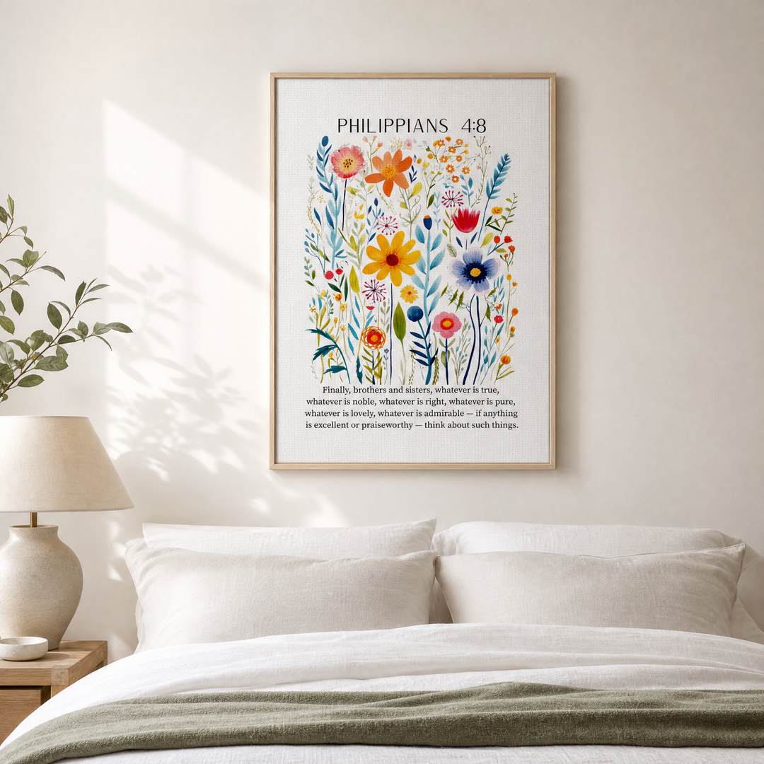 Philippians 4:8 framed canvas above a bed