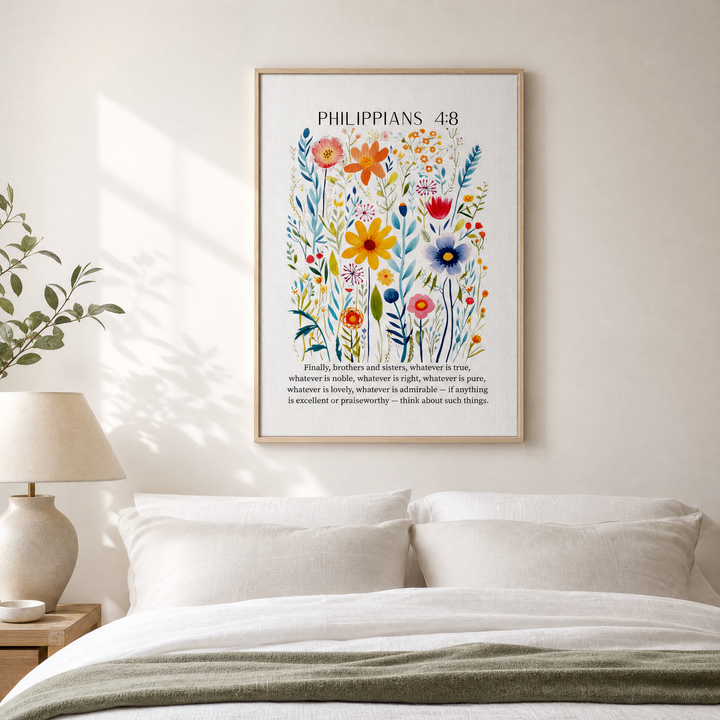 Philippians 4:8 framed canvas above a bed