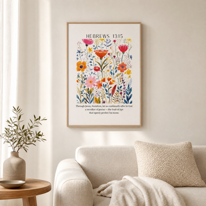 Hebrews 13:15 framed canvas above a linen sofa