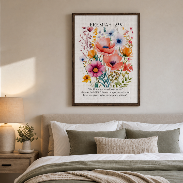 Jeremiah 29:11 — Floral Bible Verse Canvas | Framed Wall Art
