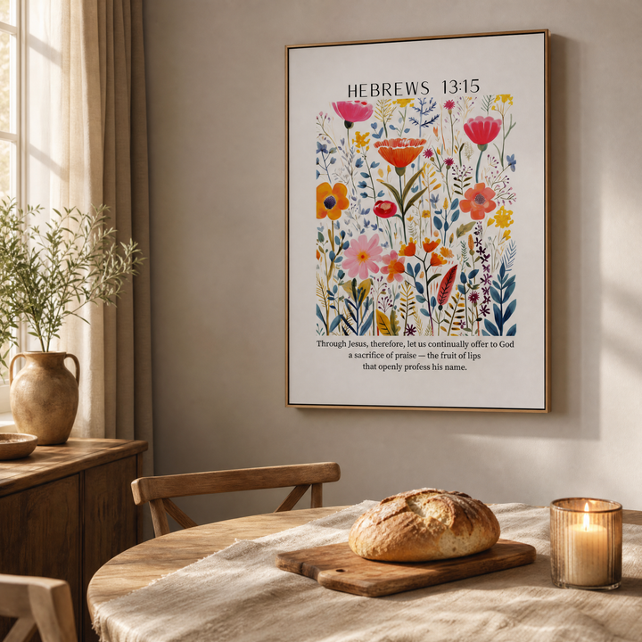 Hebrews 13:15 — Floral Bible Verse Canvas | Framed Wall Art