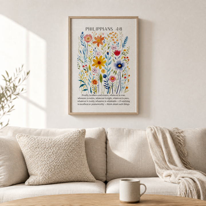 Philippians 4:8 framed canvas above a linen sofa