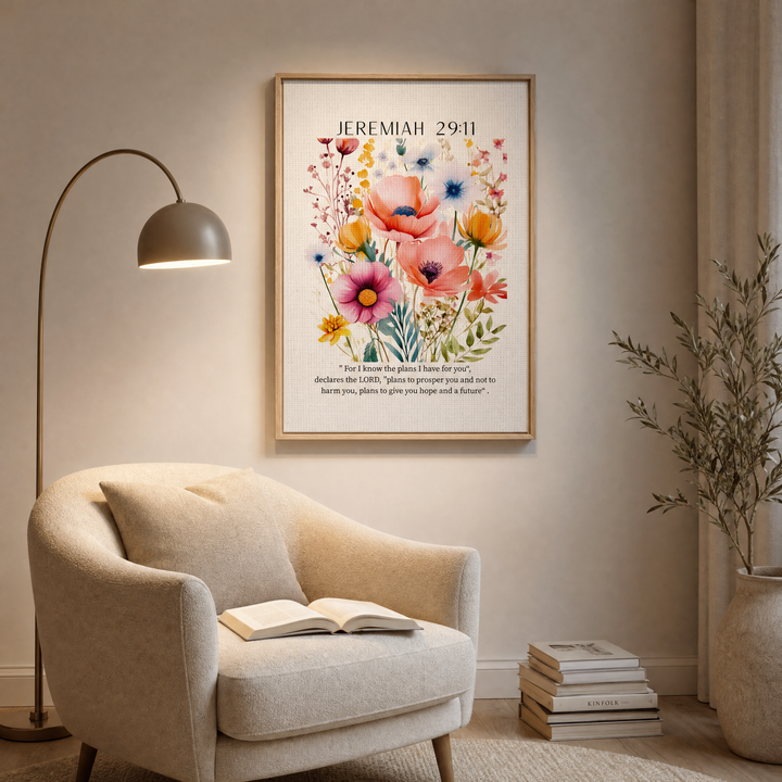 Jeremiah 29:11 framed canvas in a reading corner