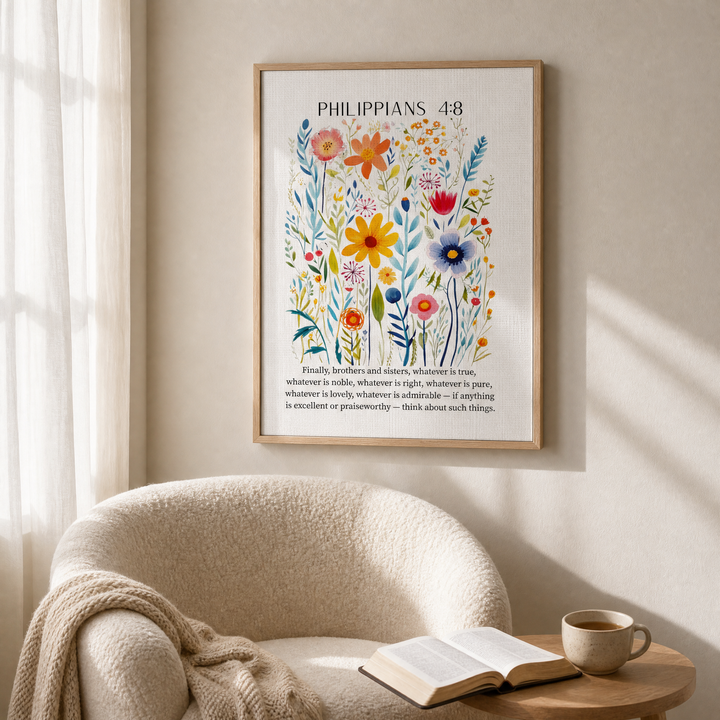 Philippians 4:8 — Floral Bible Verse Canvas | Framed Wall Art