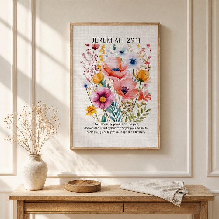 Jeremiah 29:11 framed canvas above an entryway console