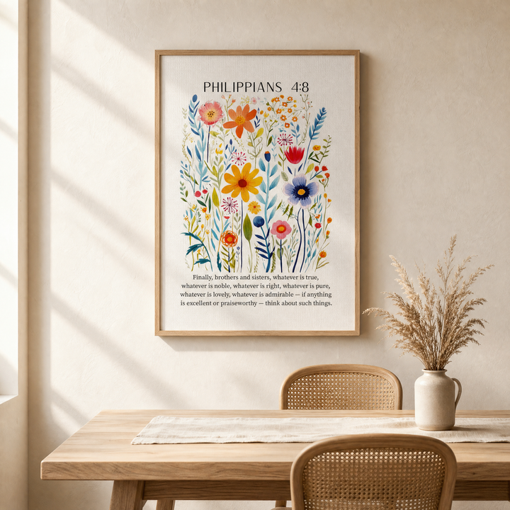 Philippians 4:8 framed canvas in a dining nook