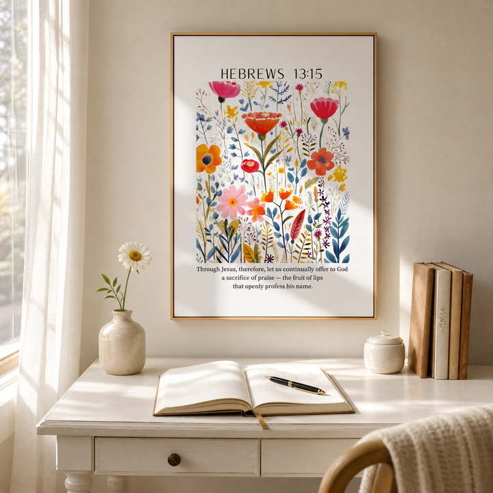 Hebrews 13:15 — Floral Bible Verse Canvas | Framed Wall Art