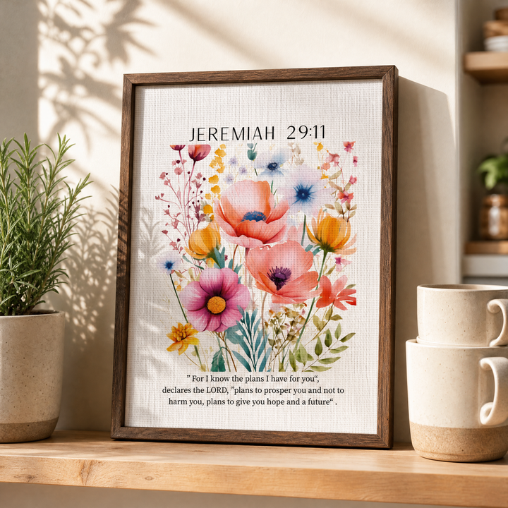 Jeremiah 29:11 — Floral Bible Verse Canvas | Framed Wall Art