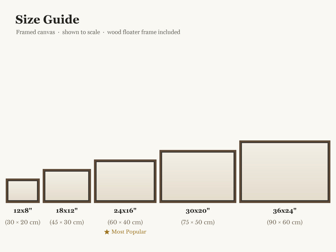 A size guide chart showing six framed canvas sizes in increasing dimensions, labeled 12x8", 18x12", 24x16", 30x20", and 36x24", with measurements in inches and centimeters on a light beige background.