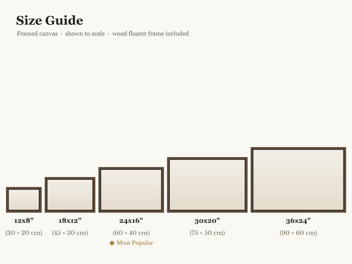A size guide chart showing six framed canvas sizes in increasing dimensions, labeled 12x8", 18x12", 24x16", 30x20", and 36x24", with measurements in inches and centimeters on a light beige background.