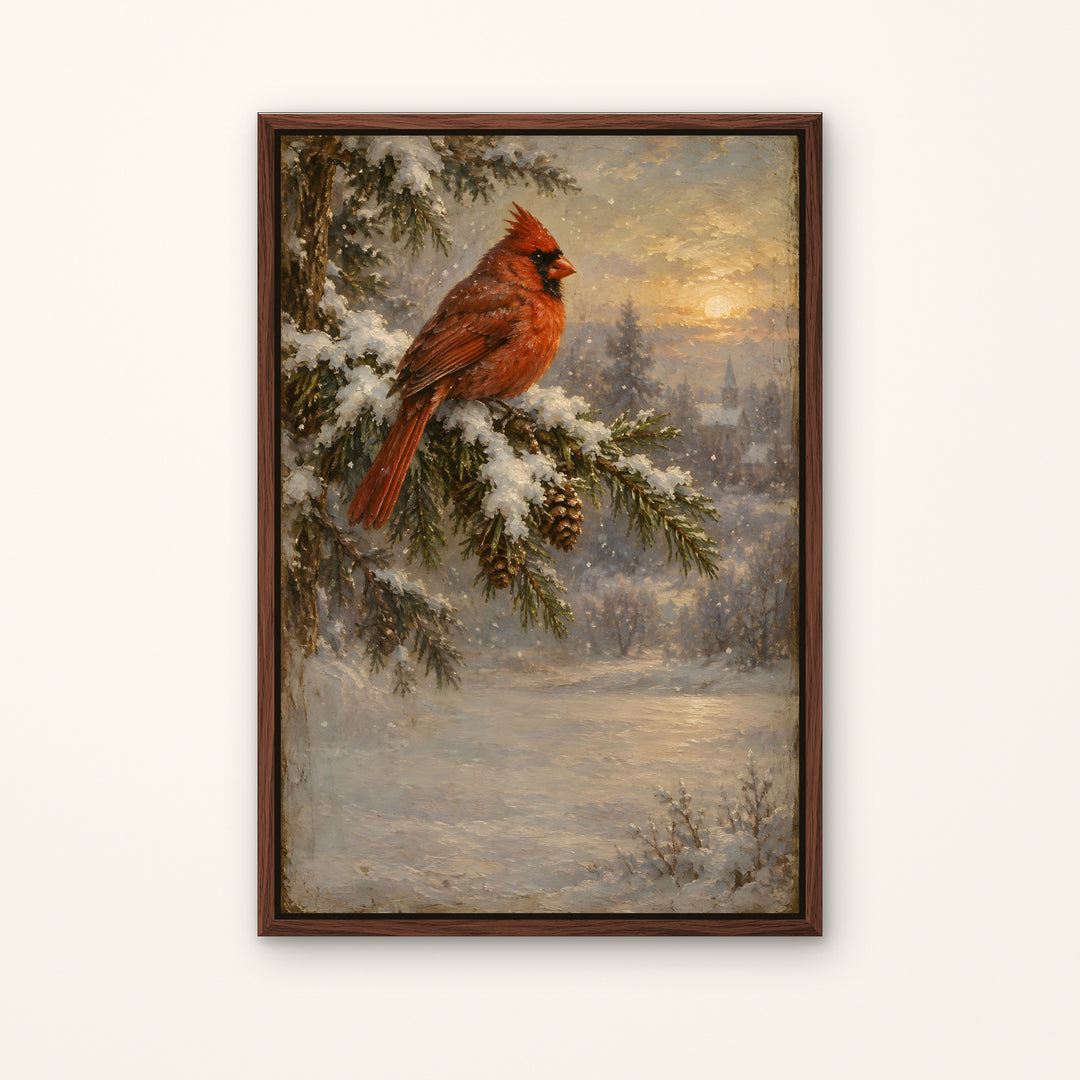 A framed winter landscape art print featuring a red cardinal perched on a snow-covered evergreen branch, with a snowy field and soft sunset sky in the background. The artwork is enclosed in a dark brown wooden frame and displayed against a light beige wall.