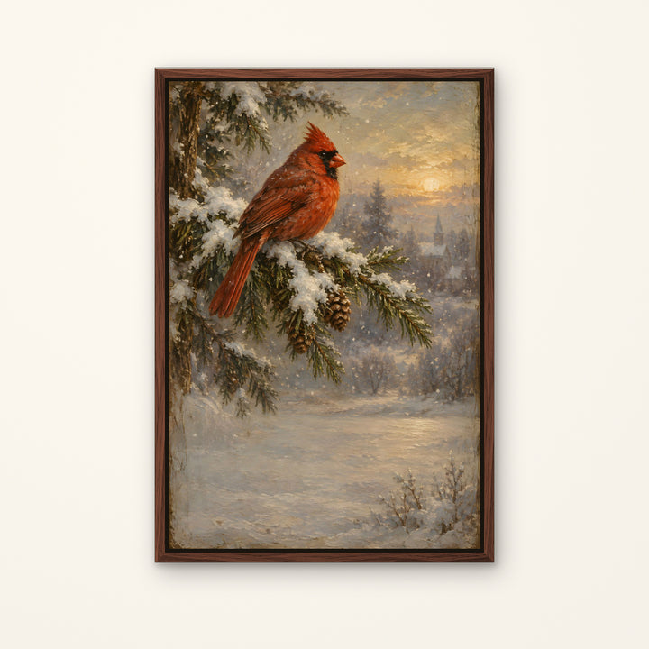 A framed winter landscape art print featuring a red cardinal perched on a snow-covered evergreen branch, with a snowy field and soft sunset sky in the background. The artwork is enclosed in a dark brown wooden frame and displayed against a light beige wall.