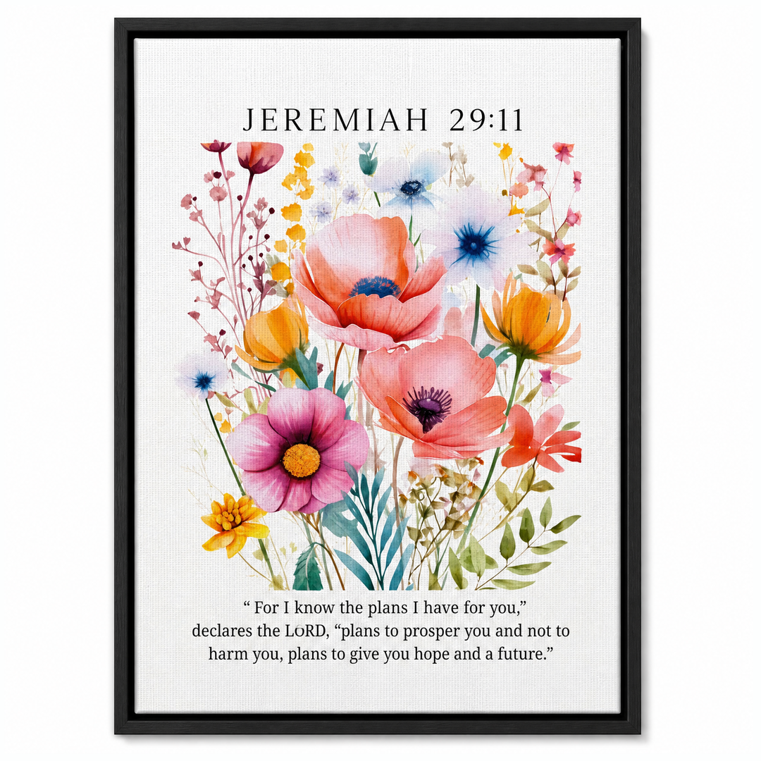 Jeremiah 29:11 framed canvas print in matte black floater frame, front view on white background