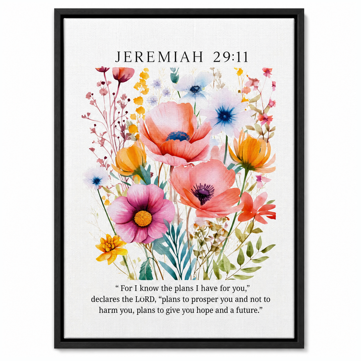 Jeremiah 29:11 framed canvas print in matte black floater frame, front view on white background
