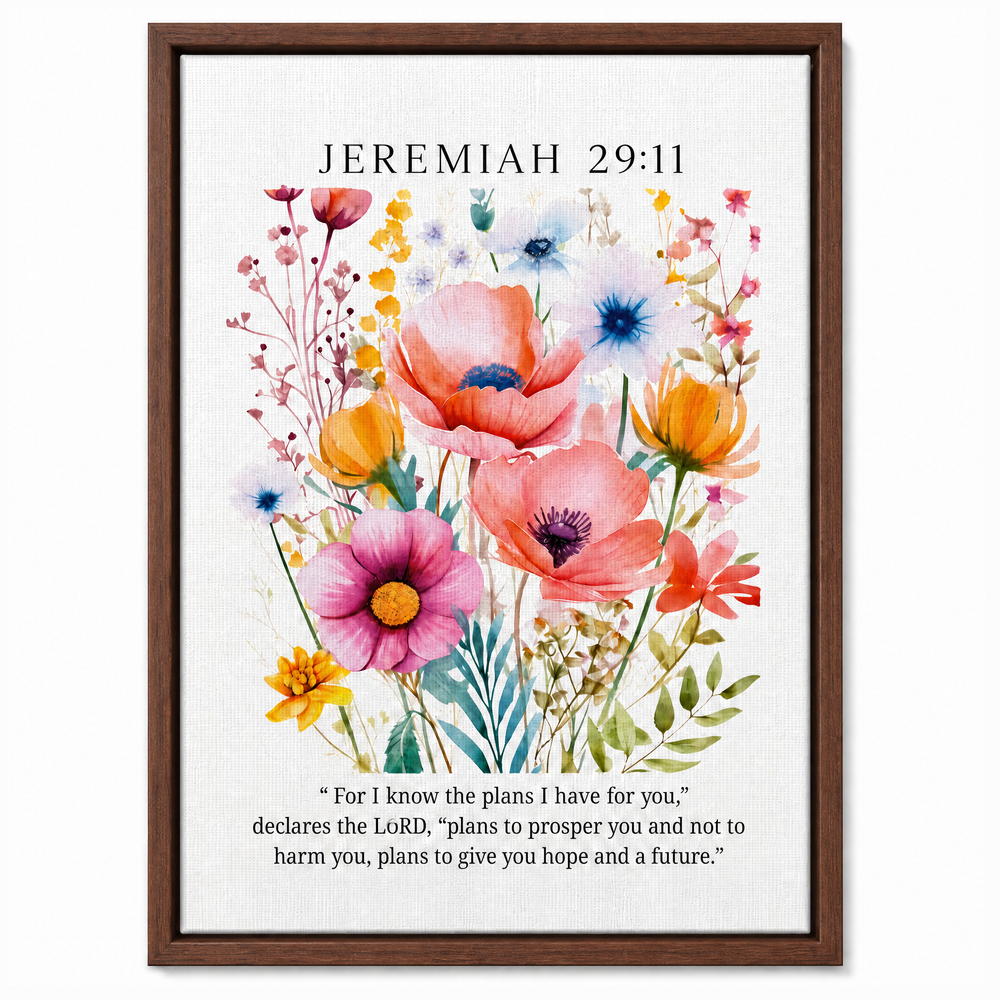 Jeremiah 29:11 framed canvas print in dark walnut wood floater frame, front view on white background