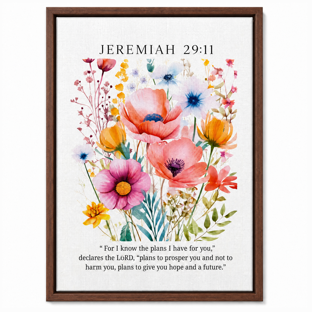 Jeremiah 29:11 framed canvas print in dark walnut wood floater frame, front view on white background