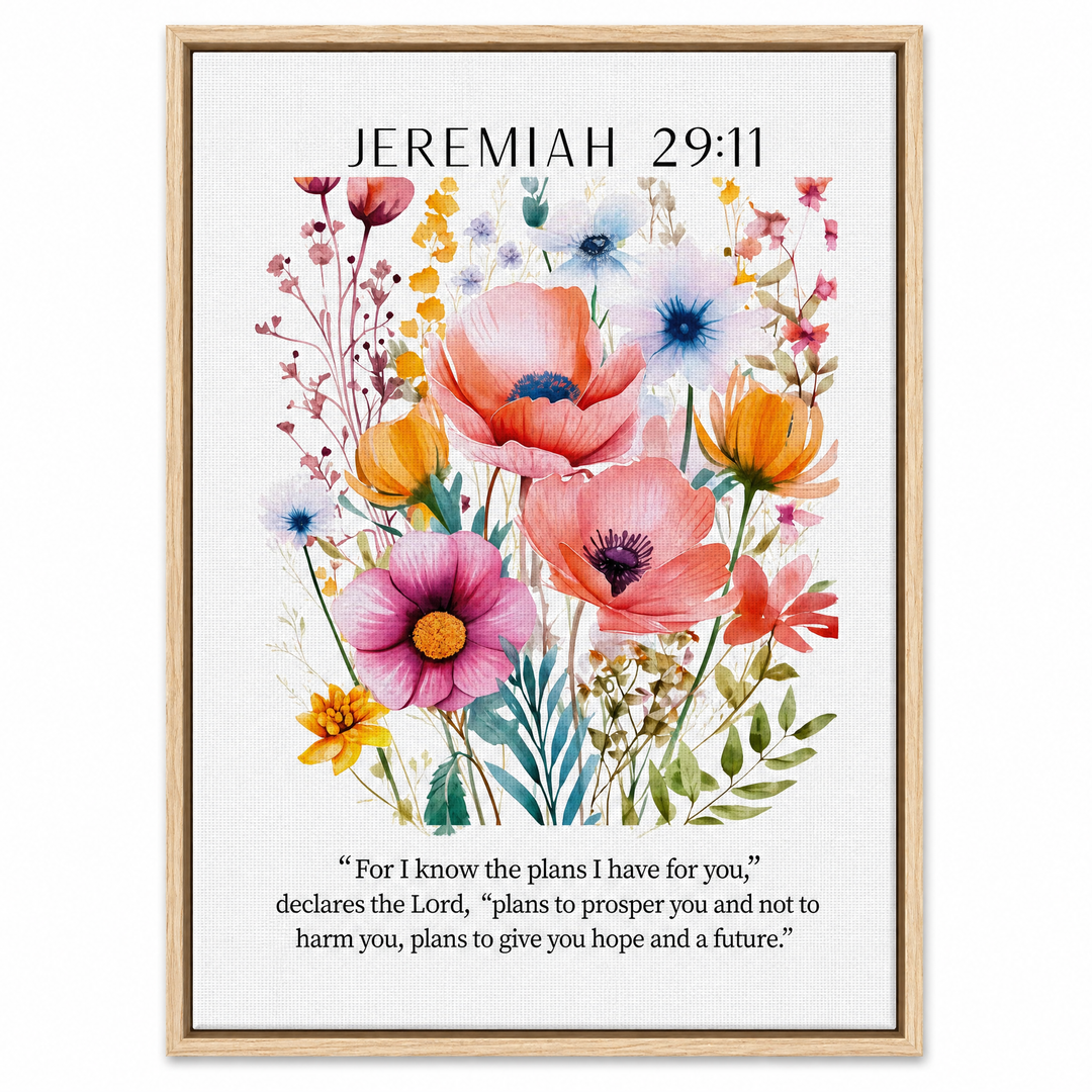 Jeremiah 29:11 framed canvas print in natural oak wood floater frame, front view on white background