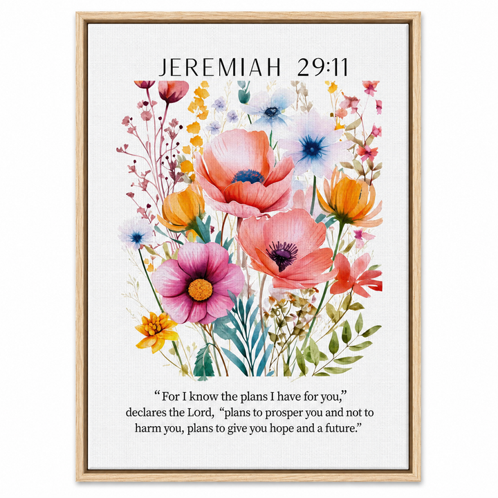 Jeremiah 29:11 framed canvas print in natural oak wood floater frame, front view on white background