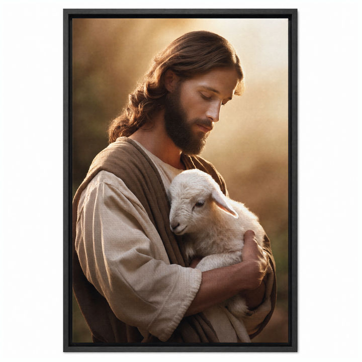 Jesus and Lamb framed canvas print in matte black floater frame, front view on white background