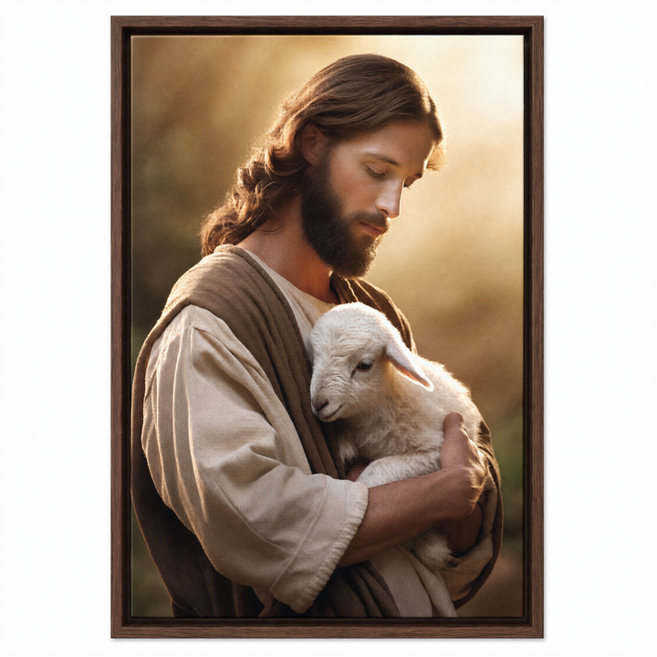 Jesus and Lamb framed canvas print in dark walnut wood floater frame, front view on white background