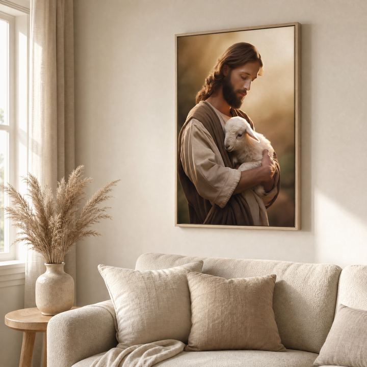 Jesus and Lamb framed canvas wall art styled above a beige boucle sofa in a warm living room